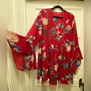 Floral Bell Sleeve Dress Red